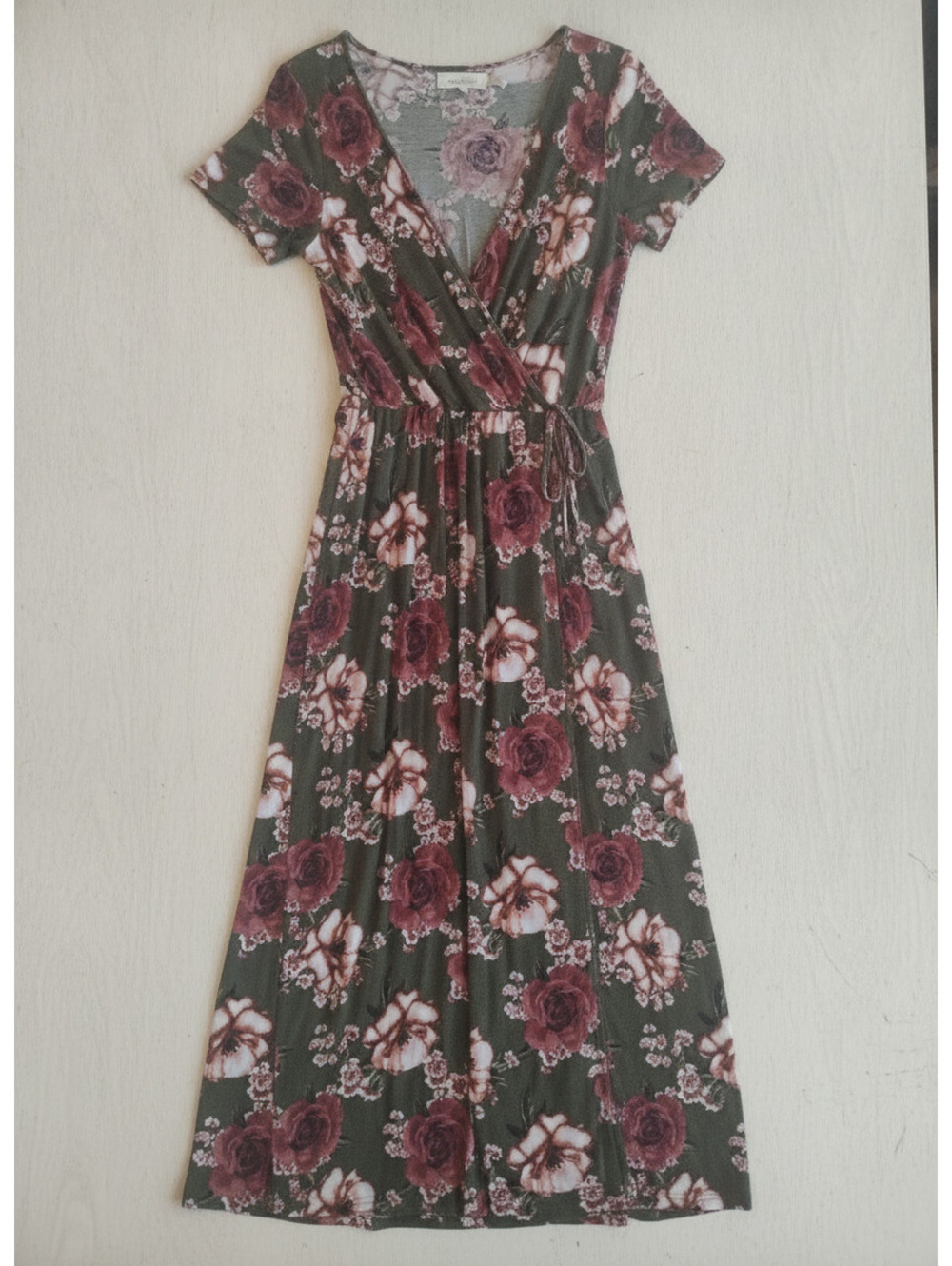 Minette Floral Wrap Maxi Dress in Olive Green and Burgundy, Size Large